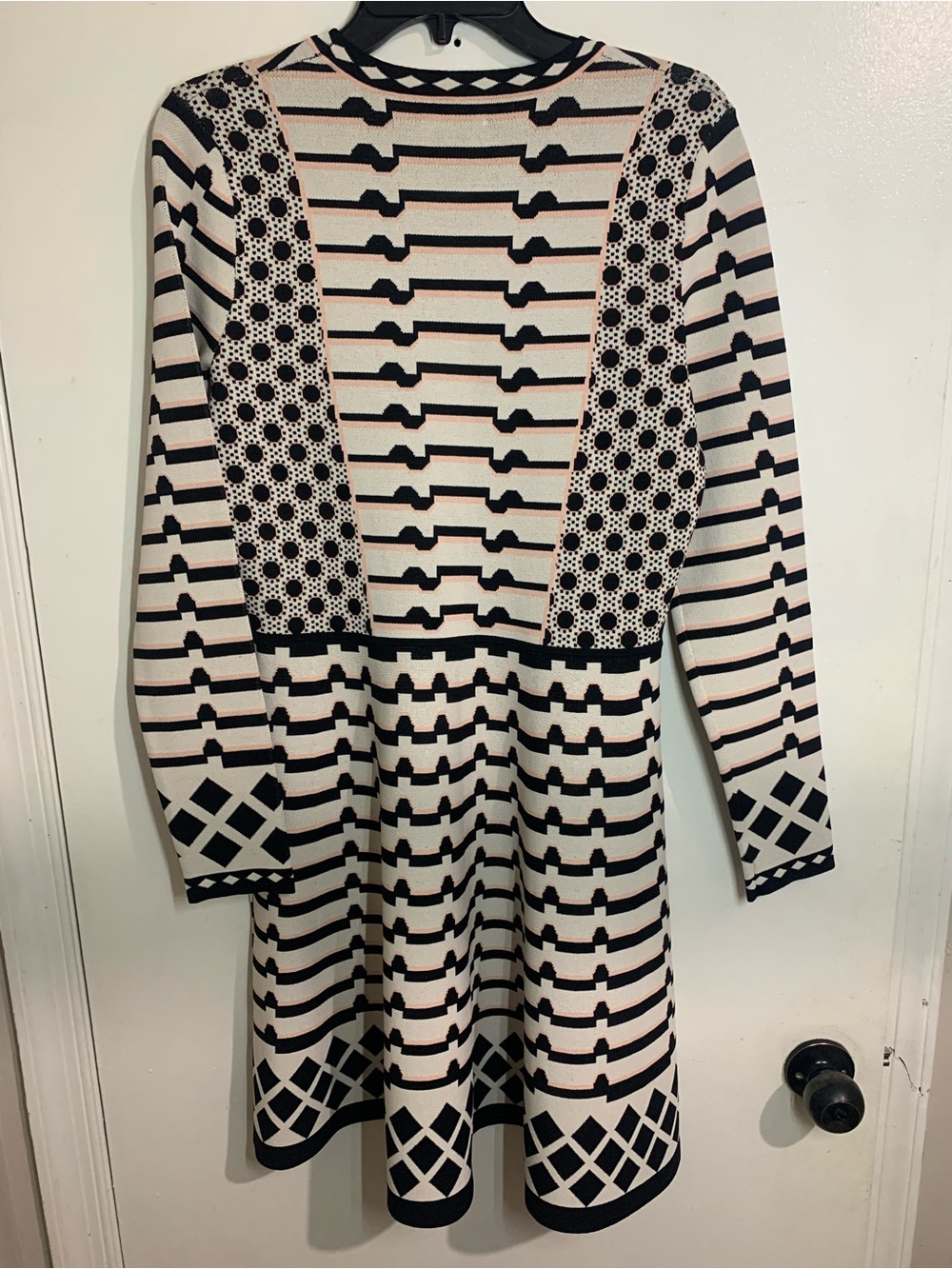 Eliza J Black and Cream Geometric Knit Fit-and-Flare Dress